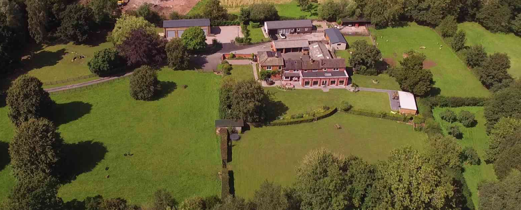 Aerial view of the Leafields farm buildings and extensive private grounds